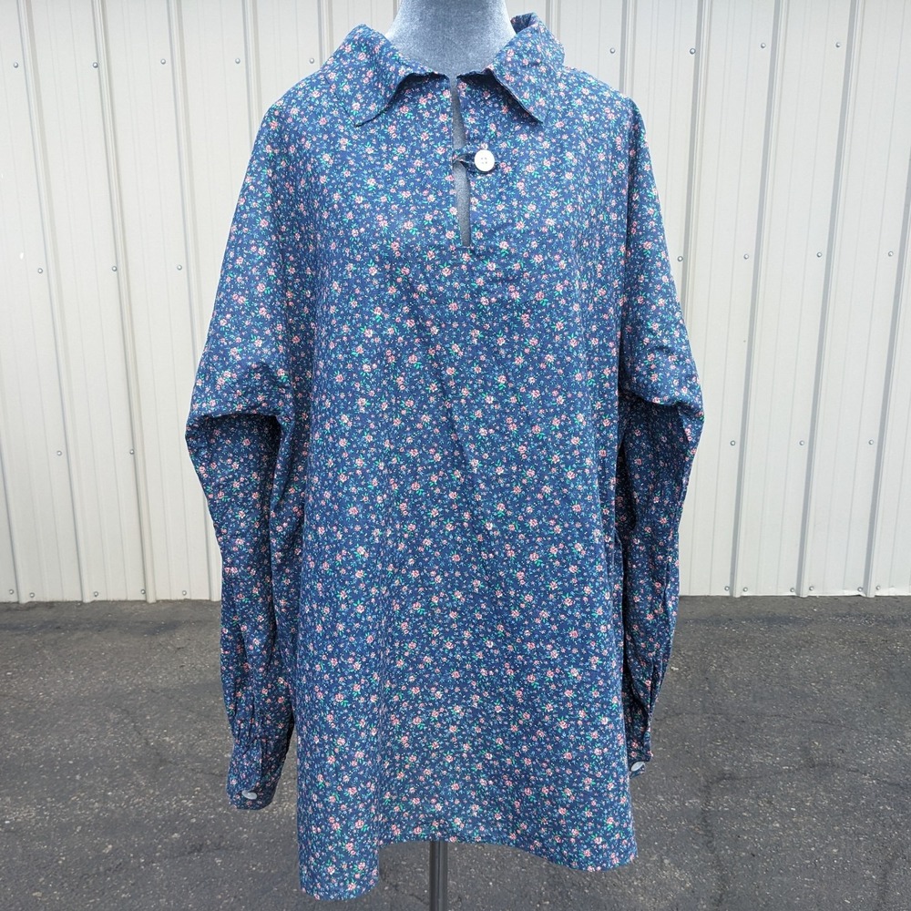 Vintage 70s Calico Floral Boho Top 2X/XXL Plus Size Handmade Blue Cottagecore